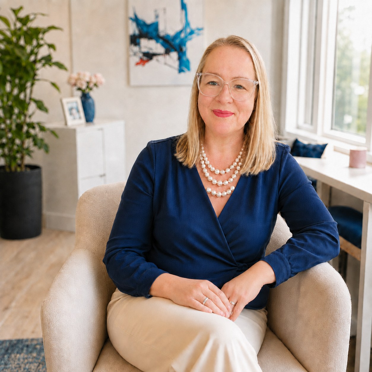 Colleen seated in a bright office, wearing clear glasses, a navy blouse, cream pants, and pearls.