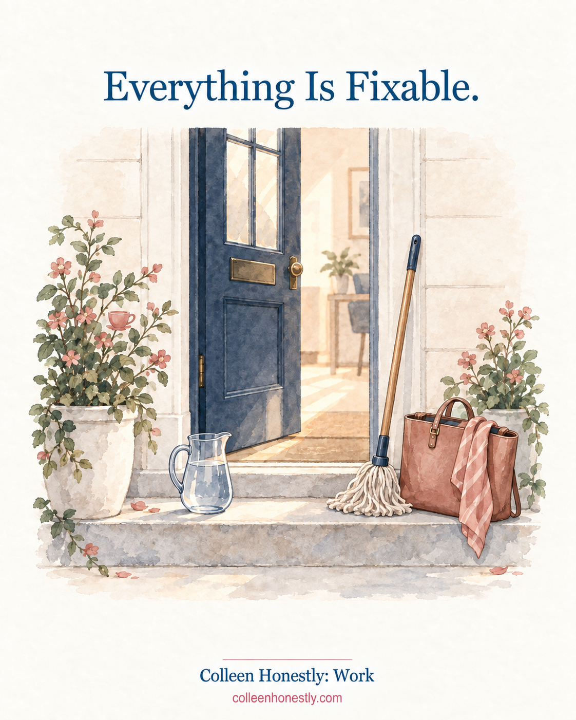 Watercolor open workplace door, water pitcher, mop and handbag