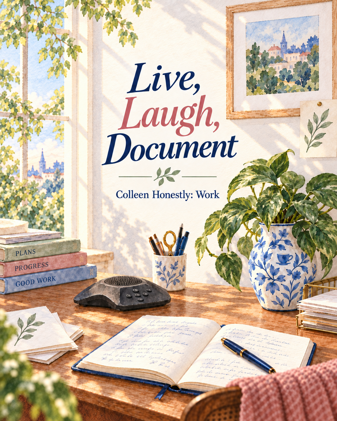 Navy and pink Live, Laugh, Document lettering above an illustrated open notebook and pencil on a cream background.