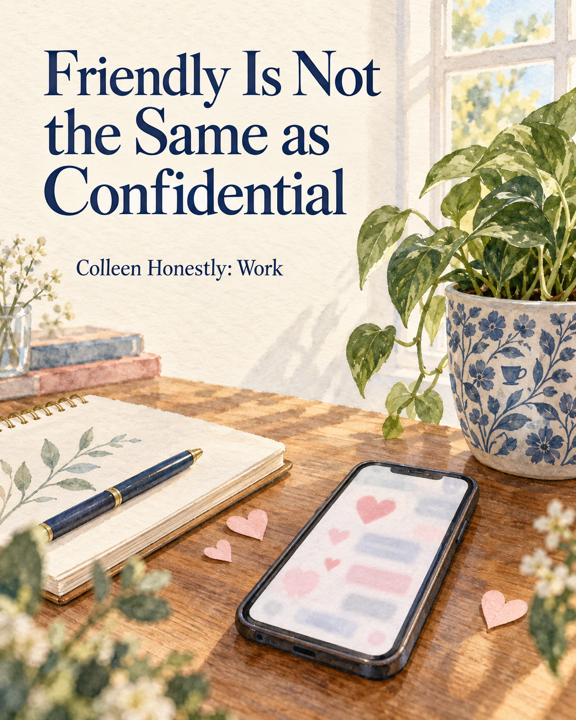 Watercolor desk with a phone, heart-shaped paper details, and a leafy plant in a blue patterned pot.