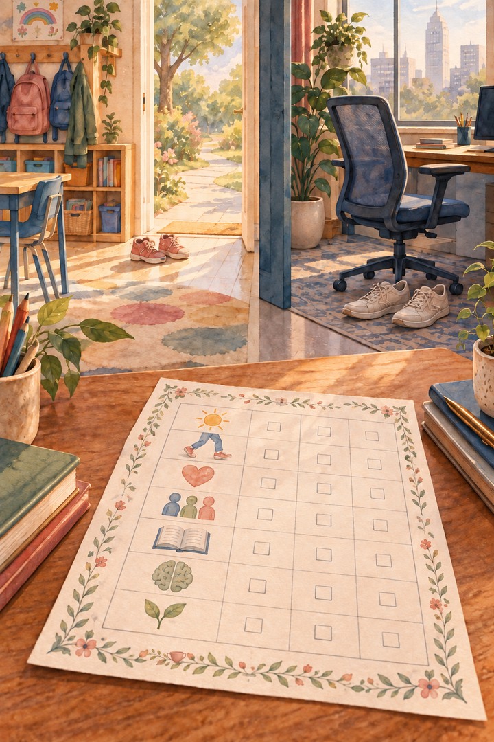 Watercolor illustration of a behavior chart between an elementary classroom and an office, with an outdoor path and pairs of shoes suggesting movement breaks