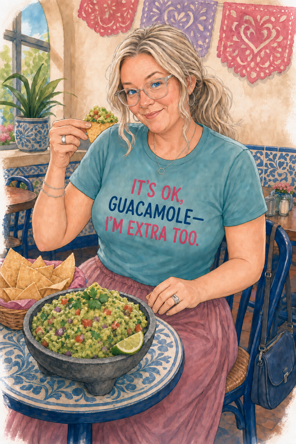 Watercolor portrait of Colleen enjoying chips and guacamole at a restaurant