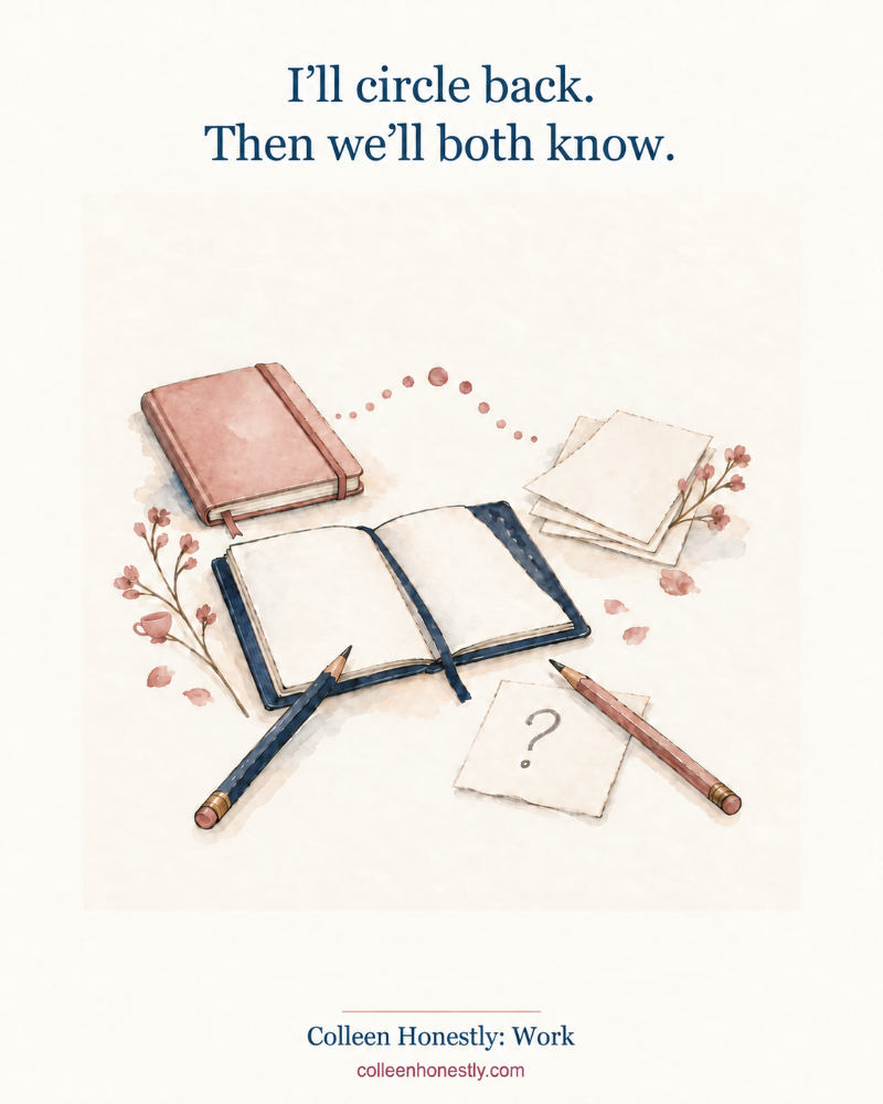 Watercolor of an open navy notebook, a closed rose notebook, two pencils, loose papers, a question-mark note, and a dusty-pink teacup blended into a blossom on the left branch. Text reads: “I’ll circle back. Then we’ll both know.” with “Colleen Honestly: Work” and “colleenhonestly.com.”